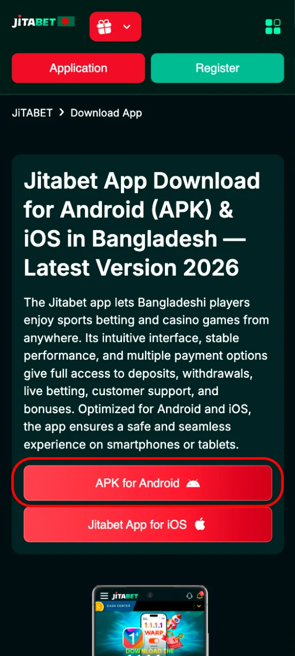 Open the Jitabet website to download the Android app.